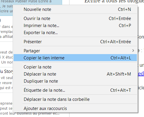 Copier le lien interne note Evernote